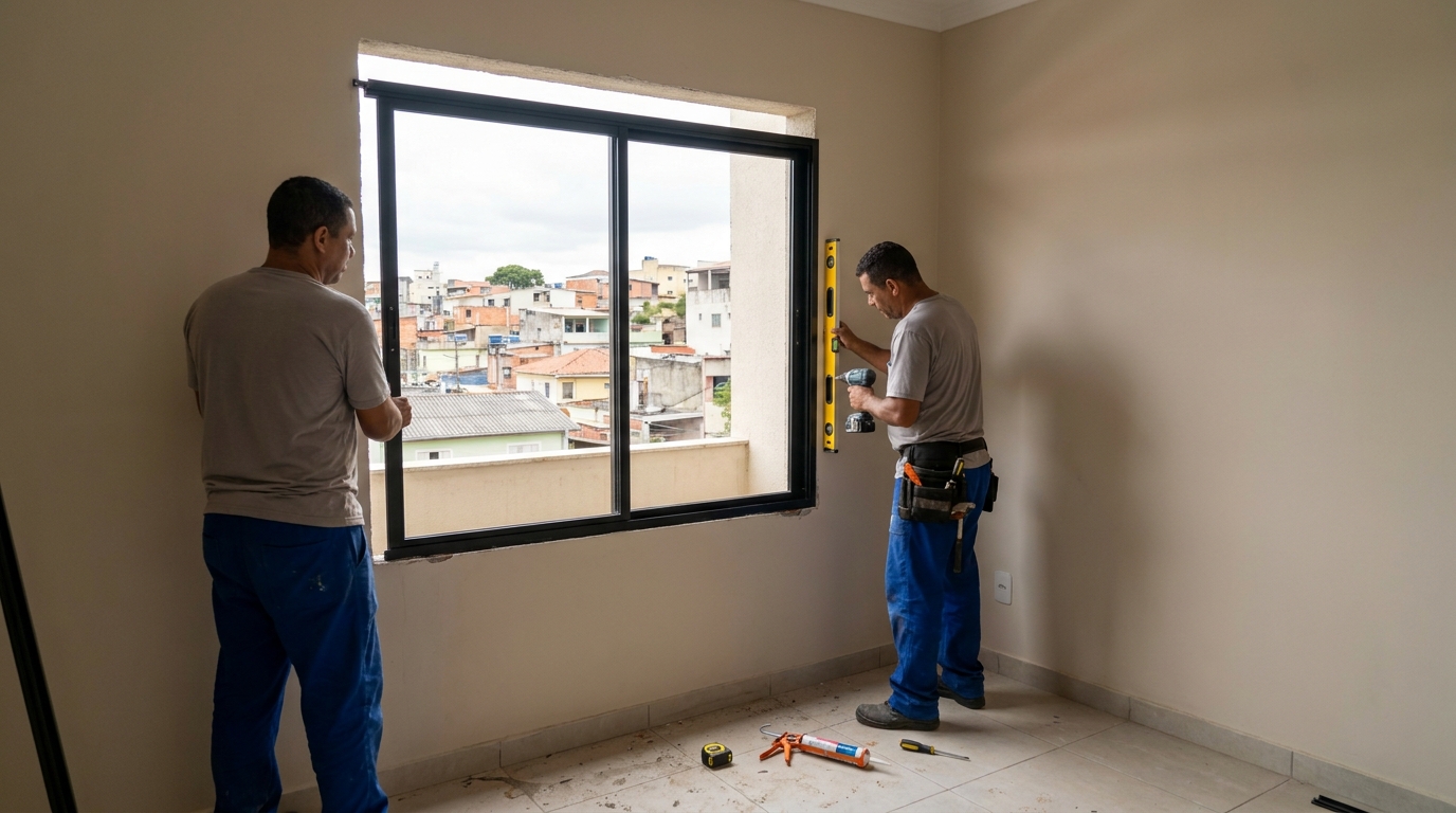 Esquadria de alumínio em quarto bege em Mogi Guaçu-SP
