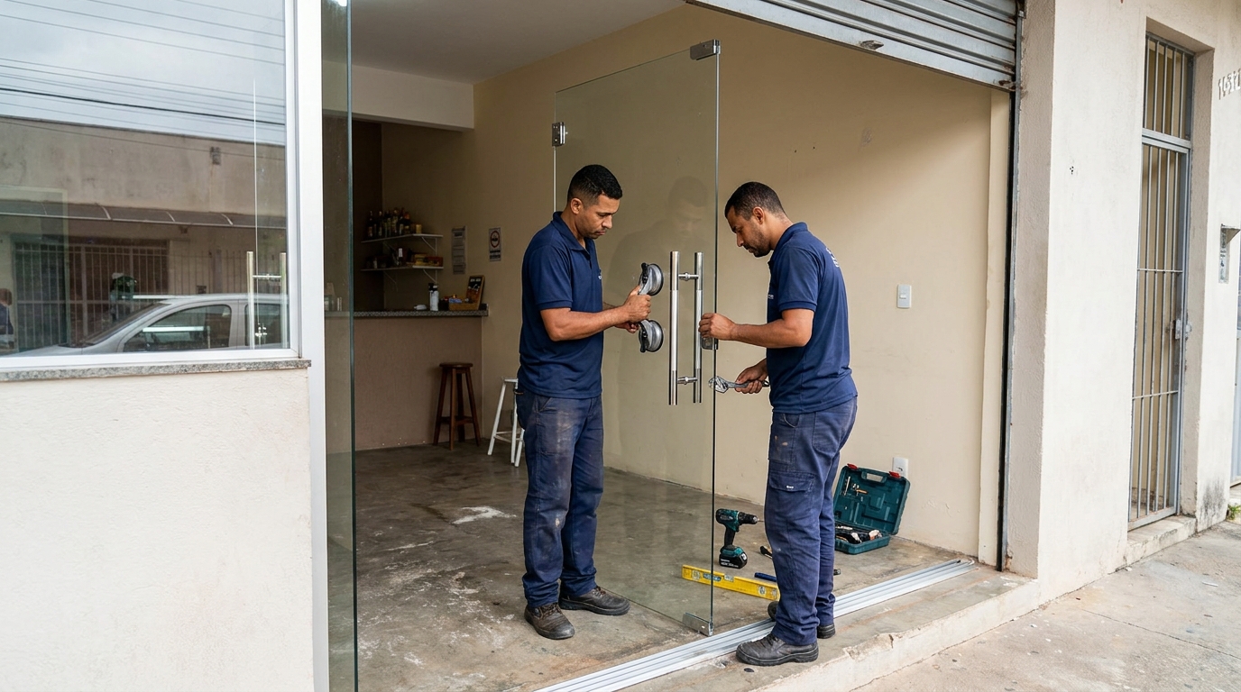 Dupla instalando porta de vidro em loja em Mogi Guaçu-SP